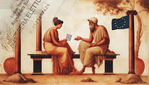 Una donna e un uomo discutono seduti su una panchina. La bandiera dell'UE sventola su una colonna.